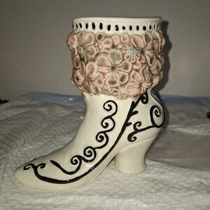 Artisan Vintage Ceramic Planter Victorian Boot Floral Cottagecore Home Decor